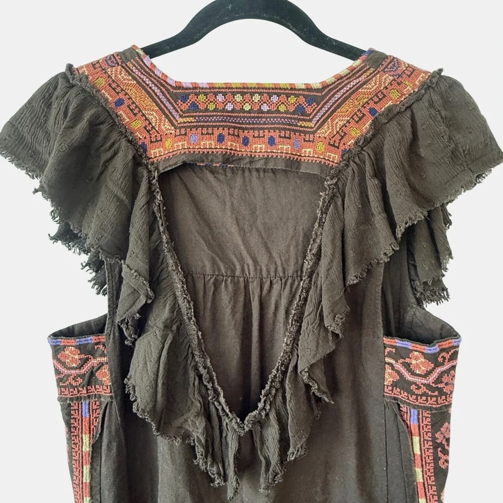 Free People Size‎ Small Embroidered Boho Mini Dress Brown Ruffle Sleeve Festival